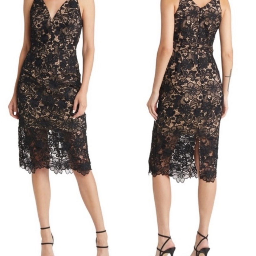 Dress the Population Black and Gold Lace Midi Dress